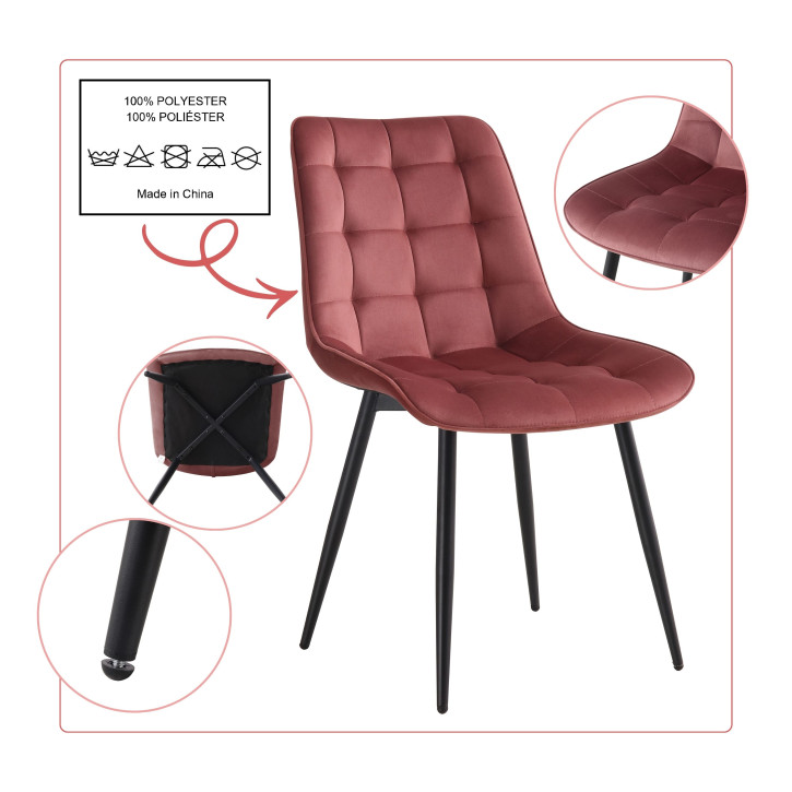 BHS LIVING Esszimmerstuhl, Küchenstuhl, Stuhl für den Wartebereich SERENA Polstersessel mit Samtstoff altrosa 55x53x88 cm